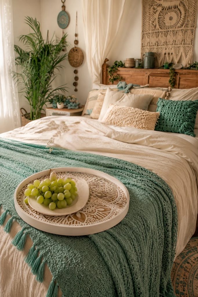 White round decorative tray with brown detailing styled on a cozy bohemian bed with layered neutral textures and earthy decor