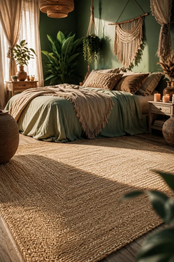 Large soft rattan rug in a cozy bohemian bedroom with warm earthy lighting, layered textures, and relaxed natural decor
