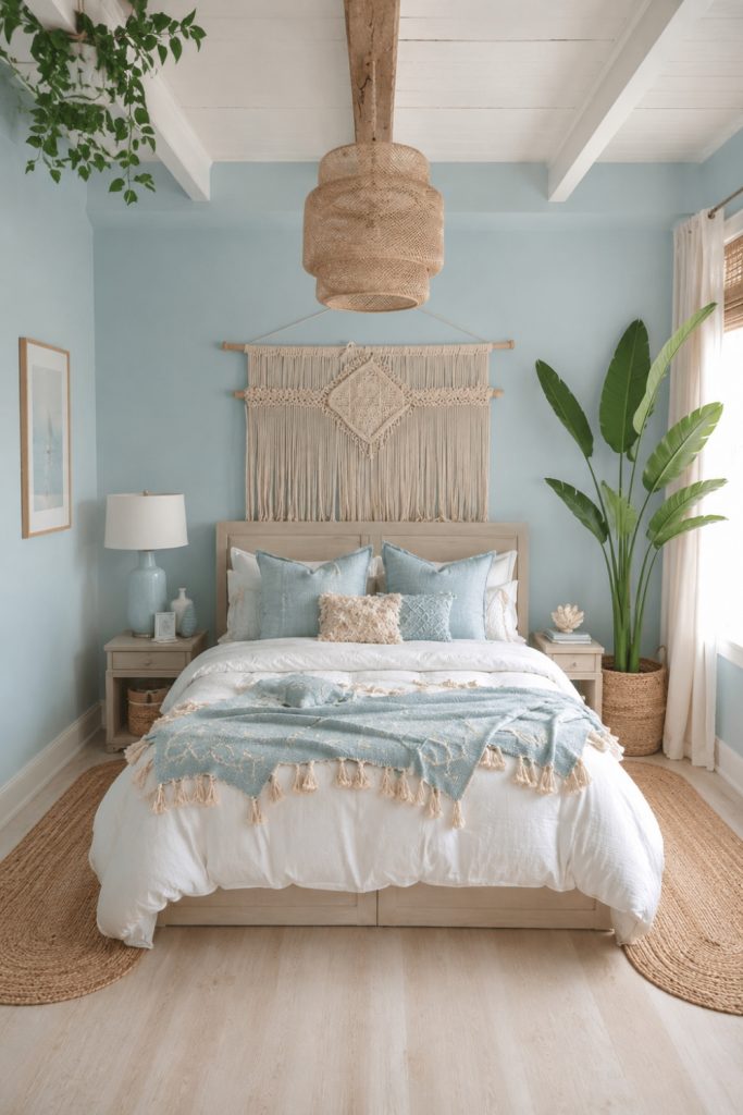 Bohemian bedroom with a long oval rattan rug, soft blue bedding, woven wall decor, and natural earthy textures