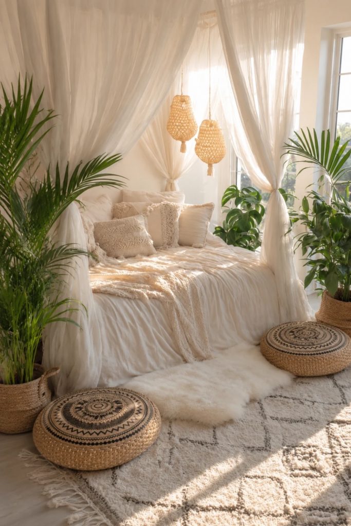 Bohemian relaxation corner with round woven rattan floor cushions, soft neutral textiles, tropical plants, and cozy natural decor