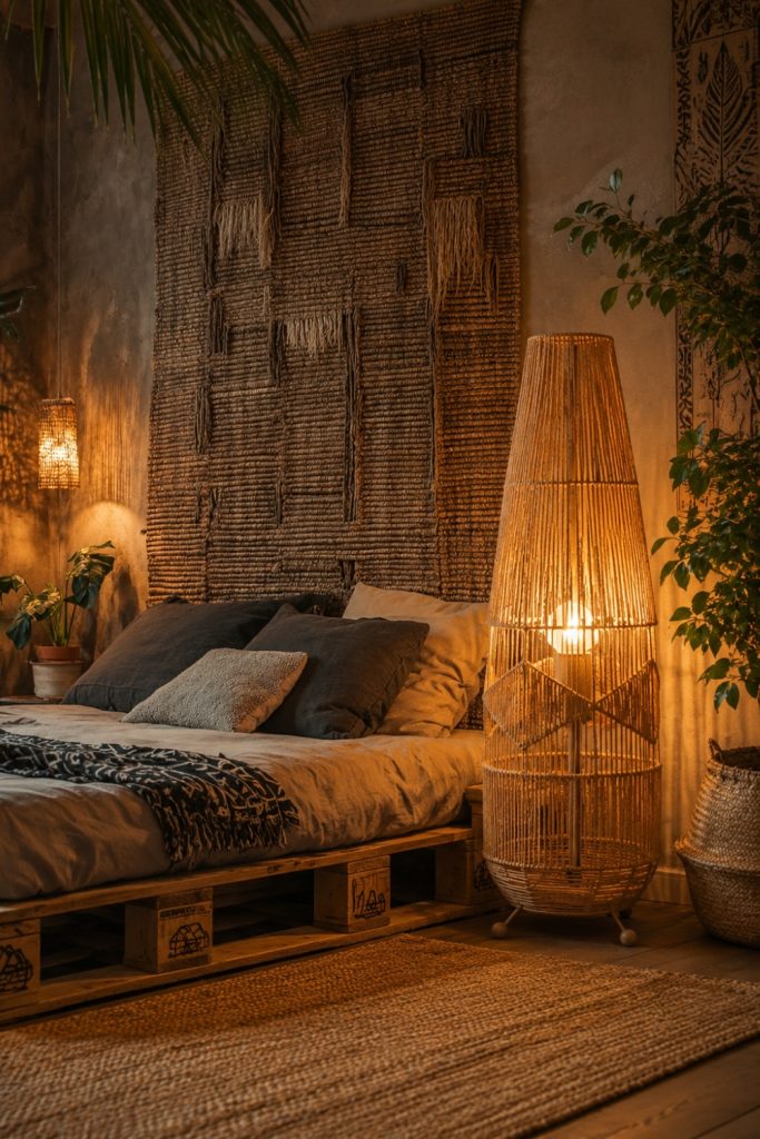 Tall woven floor lamp creating a warm cozy glow in a bohemian bedroom corner