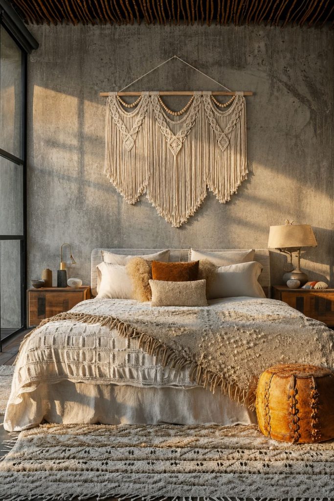 Large hanging macrame wall decor above a cozy bohemian bed with warm neutral textures