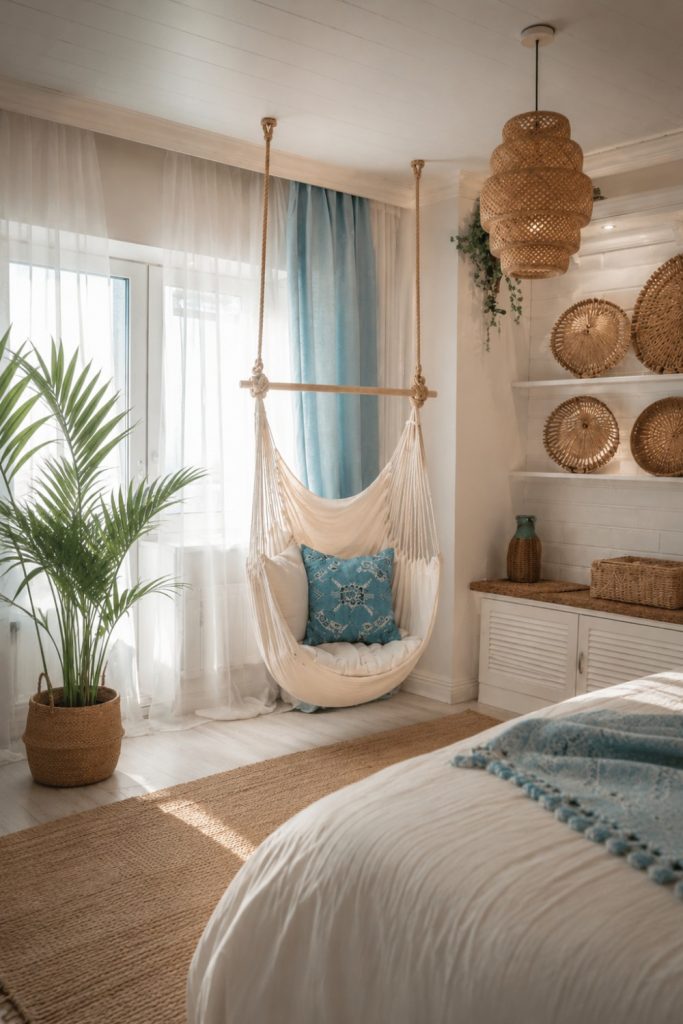 Bohemian bedroom corner with a hanging fabric swing chair, soft neutral bedding, woven wall decor, and warm natural textures