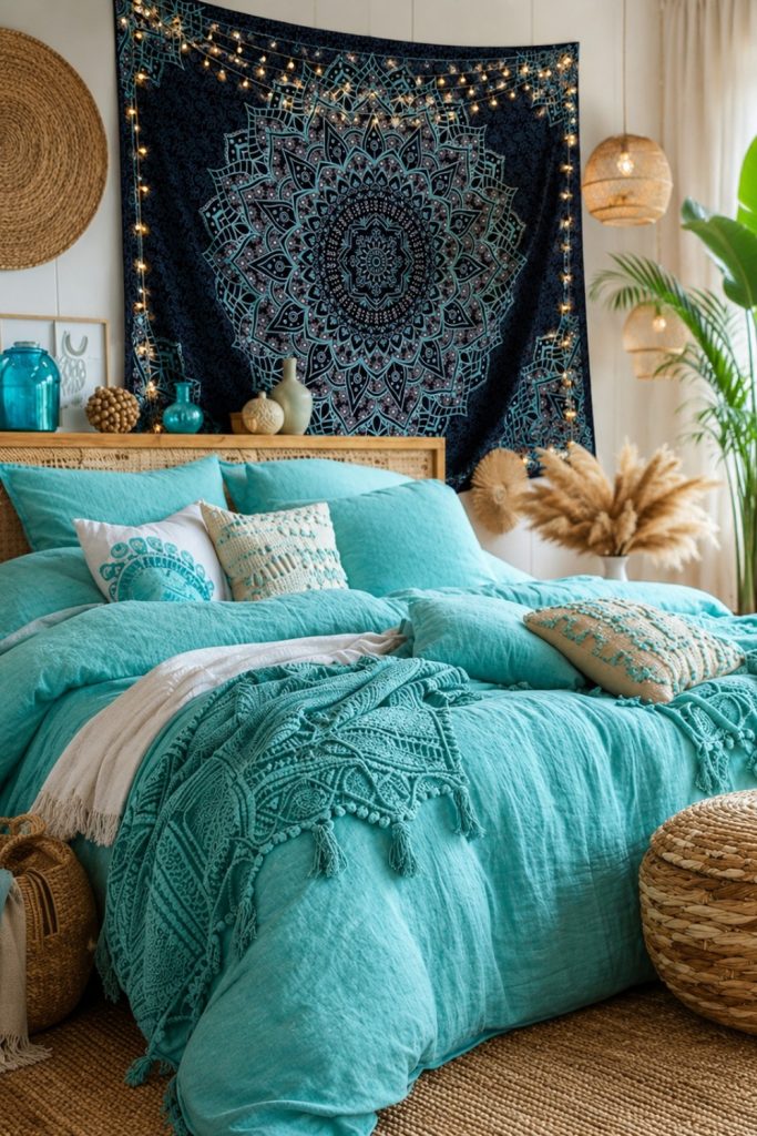 Bohemian bedroom with soft blue bedding and a large blue mandala tapestry wall hanging creating a bold cozy statement