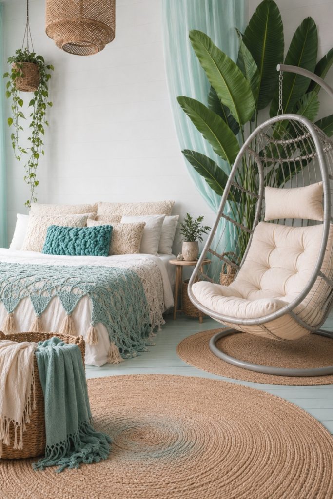 Bohemian living space with a hanging egg swing chair, natural woven textures, tropical plants, and cozy earthy decor
