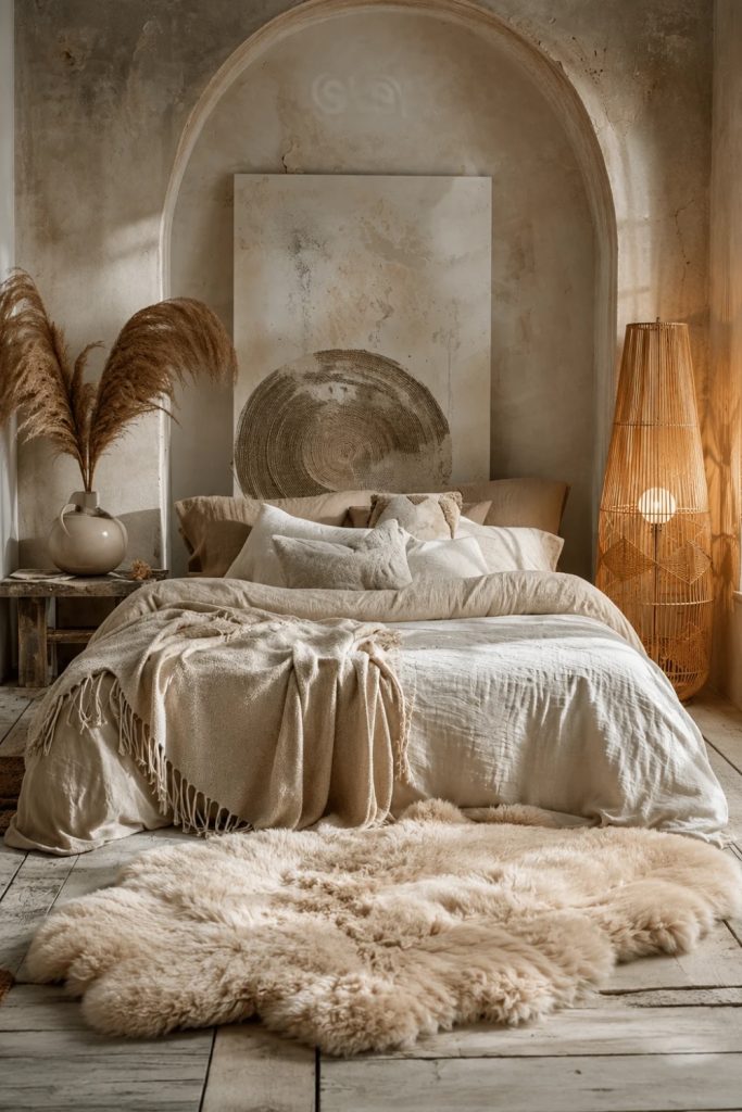 Long fluffy faux sheepskin rug in a warm cozy bohemian bedroom with neutral decor