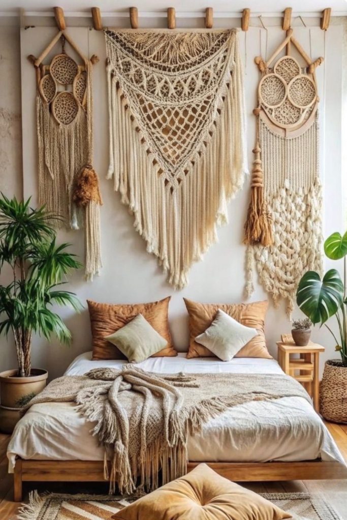 25 bohemian home decor ideas featuring cozy neutral bedroom inspiration with macrame wall decor and warm aesthetic styling