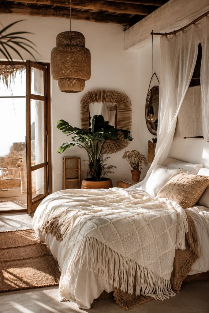 Soft knitted throw blanket layered on a cozy bohemian bed with warm neutral decor