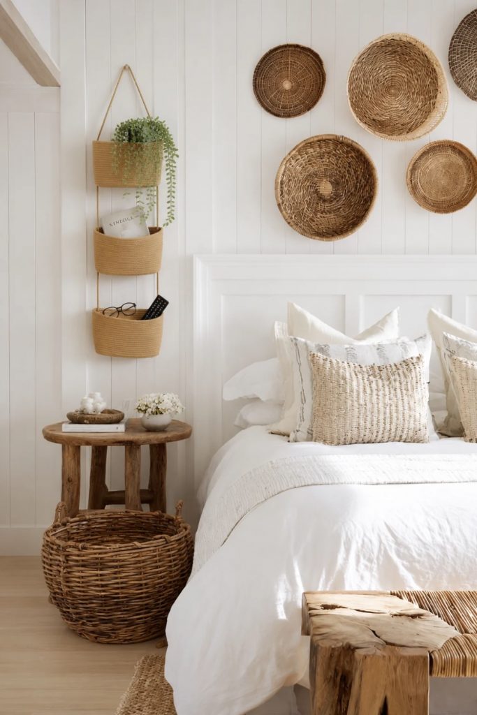 Three-tier hanging woven wall basket organizer in a cozy bohemian bedroom