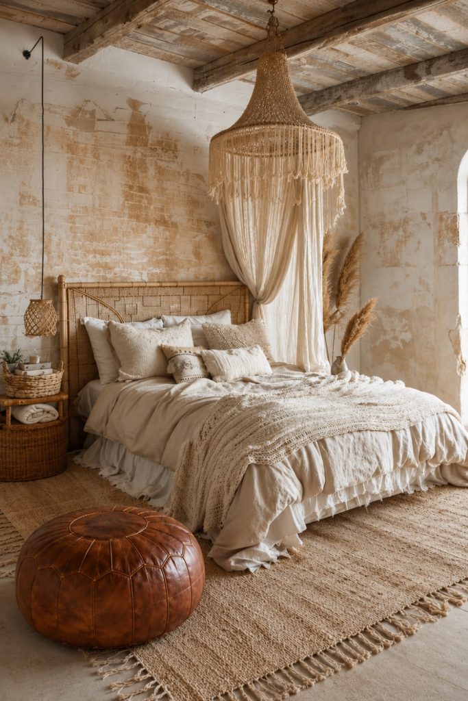 Handmade brown leather pouf in a cozy bohemian bedroom with warm neutral decor