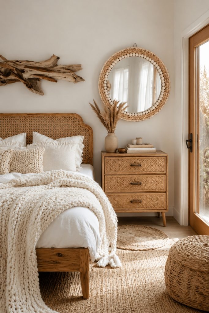 Round woven rattan mirror above a cozy bohemian bedside table with warm neutral decor