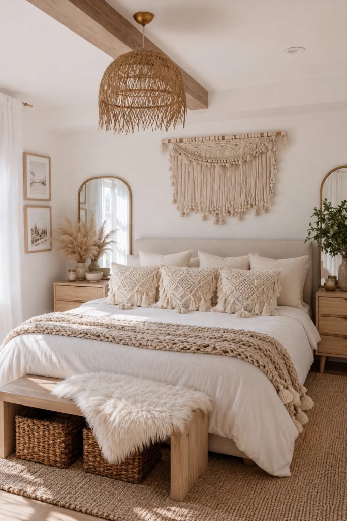 Macrame textured throw pillow set on a cozy bohemian bed with neutral decor