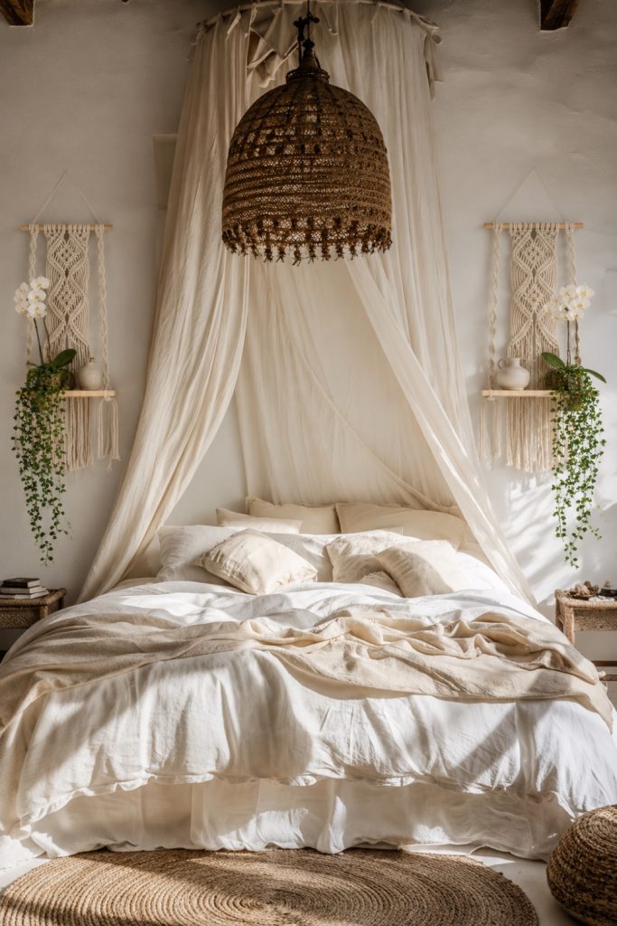 Macrame hanging wall shelves with trailing plants in a cozy bohemian bedroom