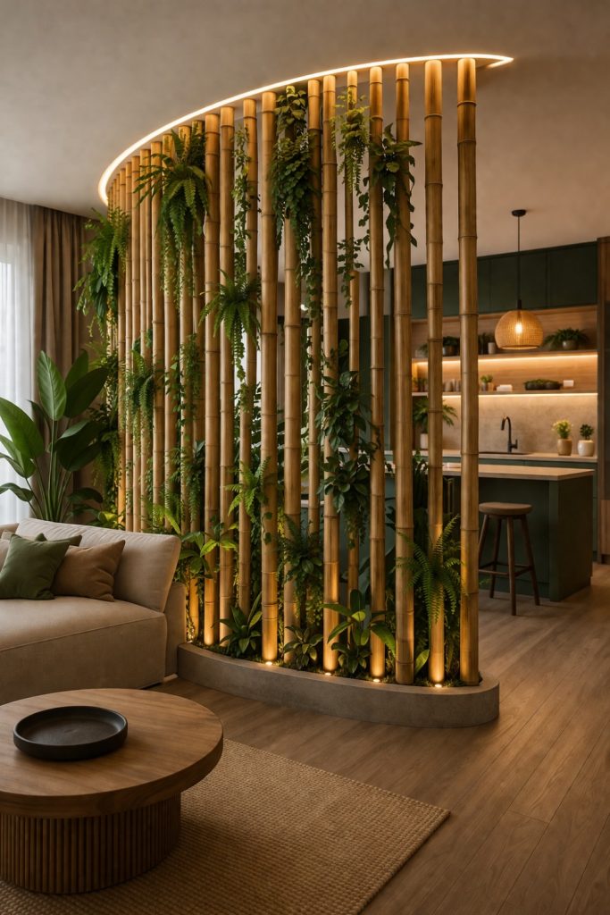 Decorative bamboo pole partition used as a natural room divider in a modern luxury living space with warm integrated lighting.