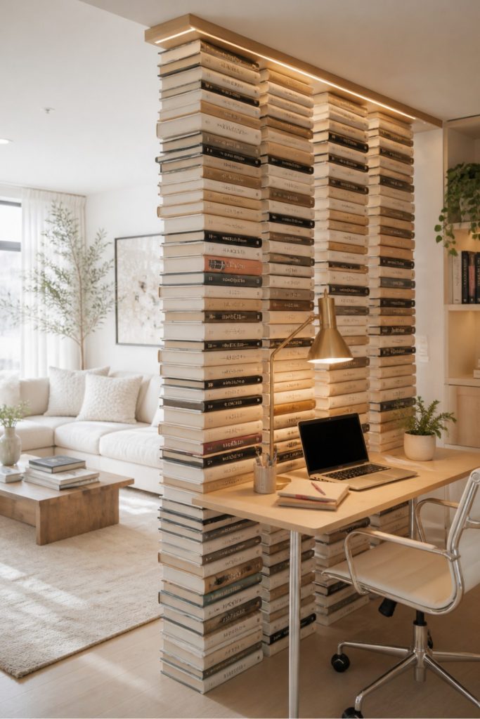 Creative floor-to-ceiling bookshelf used as a room divider to create a private home office nook in a small apartment.