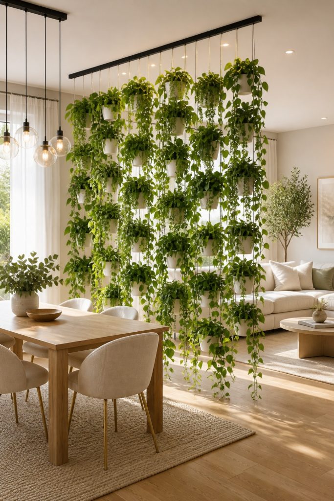 Indoor hanging plants used as a natural green room divider between a dining area and a living space.
