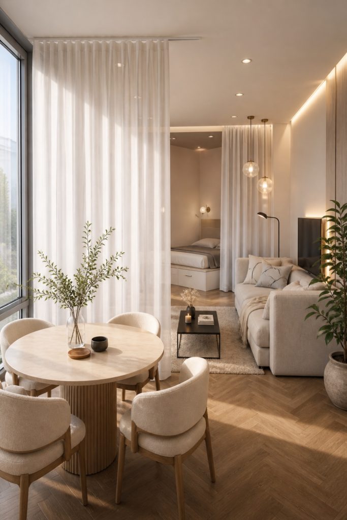 Elegant floor-to-ceiling white curtains used as a smart room divider in a modern open-plan apartment.