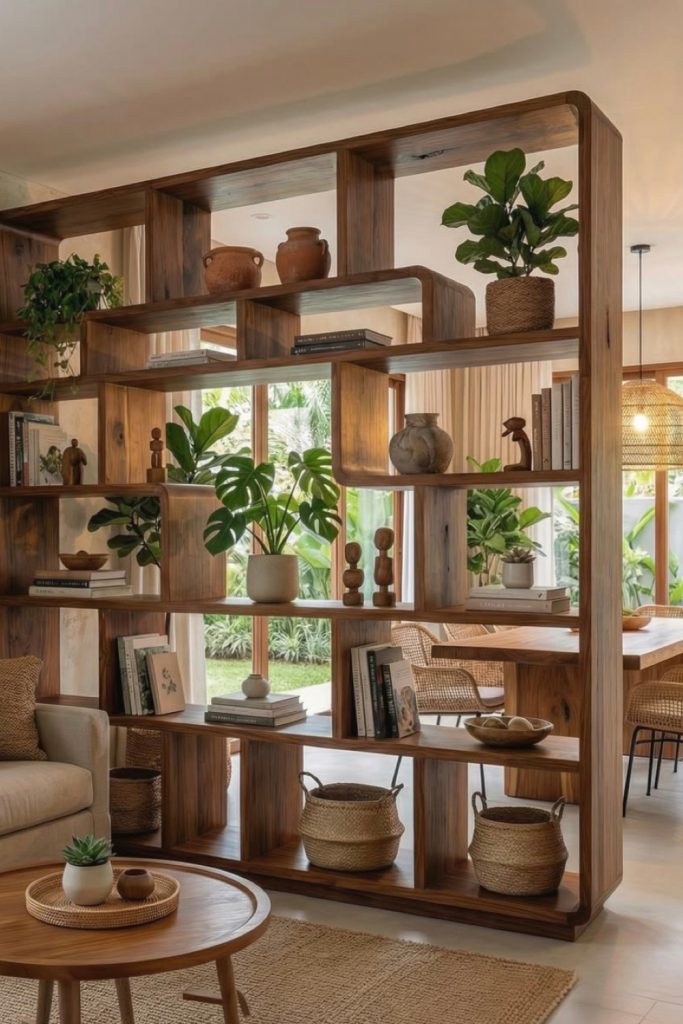 A large wooden double bookshelf used as a stylish room divider in a modern living space, filled with books, indoor plants, and decorative home accessories.