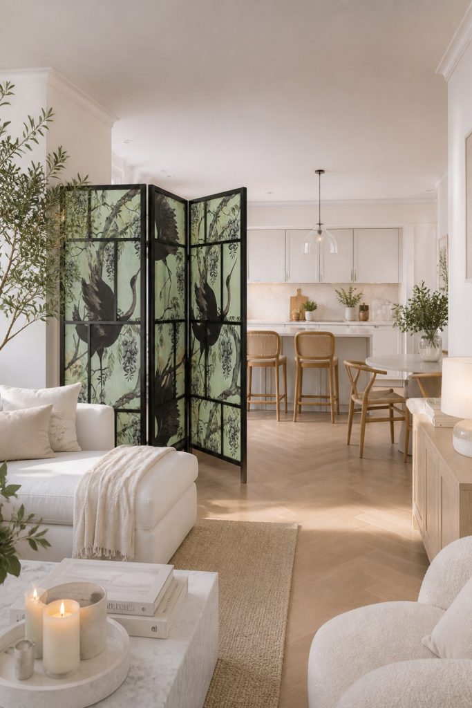 Elegant Japandi-style folding screen used as a smart room divider in a bright, modern studio apartment.