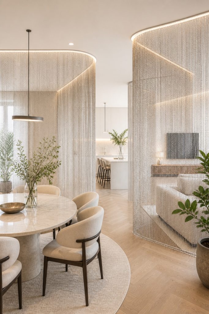 Modern interior design featuring elegant metal mesh curtains used as a stylish room divider between the dining and living areas.