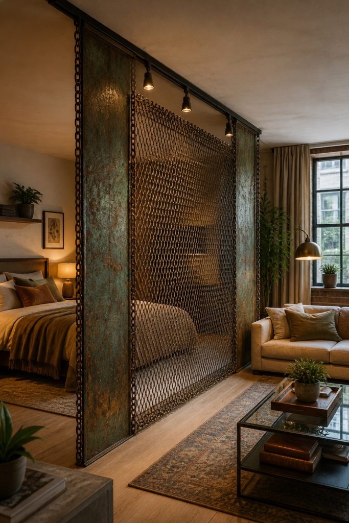 Modern industrial-style metal and glass room divider separating a cozy bedroom from a living area.