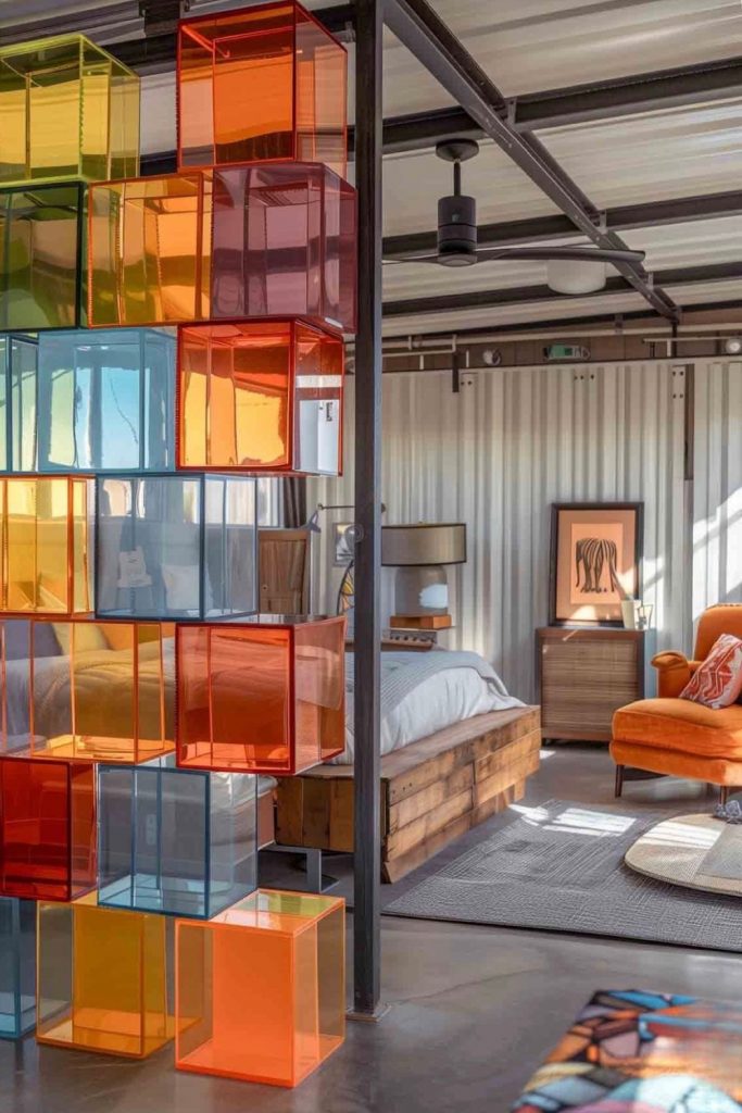 Modern modular glass cube room divider with vibrant orange and yellow tones in a stylish industrial loft apartment.