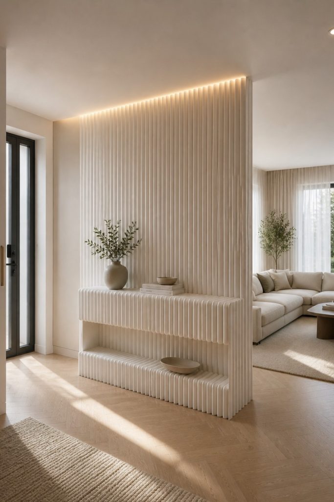 Modern room divider with vertical fluted texture and warm integrated LED lighting in a minimalist open-concept home.