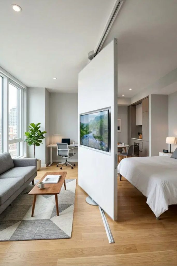 Modern rotating swivel TV panel wall used as a smart room divider between a living room and a bedroom in a small apartment.