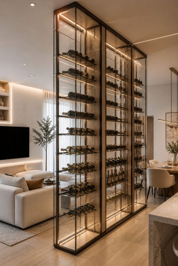 Modern floor-to-ceiling glass wine cellar used as a luxury room divider between a living area and dining space.