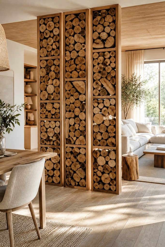 Natural rustic wood log room divider screen used to separate a living area in a modern apartment.