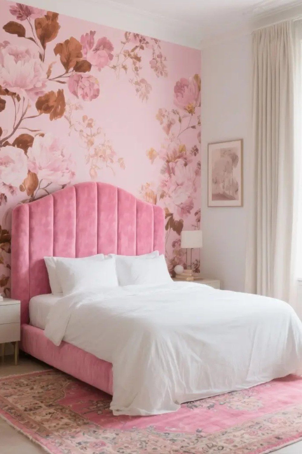 pink bedroom floral wall wallpaper velvet bed statement wall feminine bedroom decor aesthetic