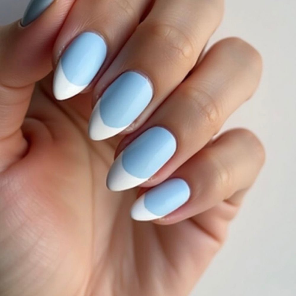 10.Blue French Almond Nails
