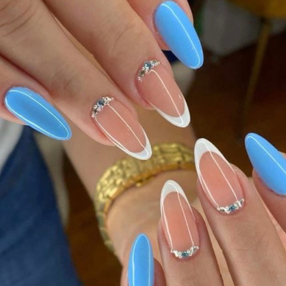 10.Blue French Almond Nails