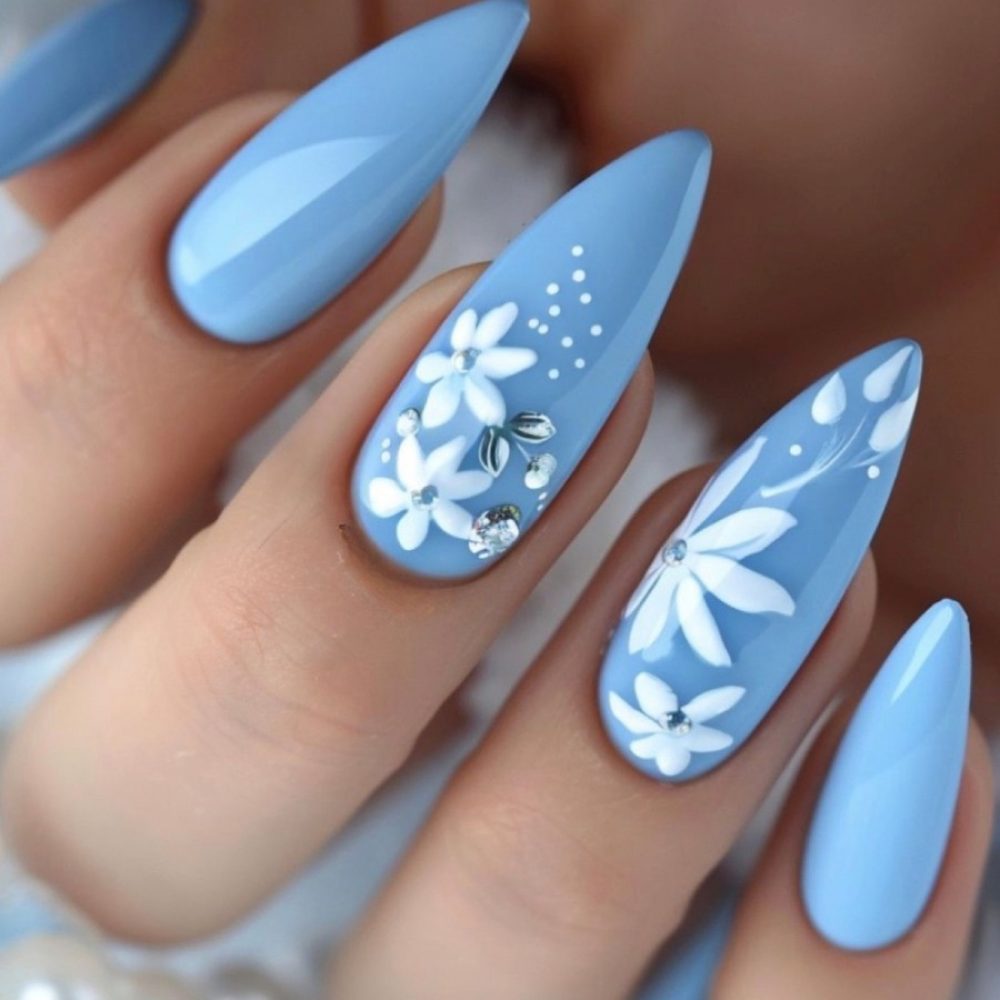 6. Baby Blue Floral Nails