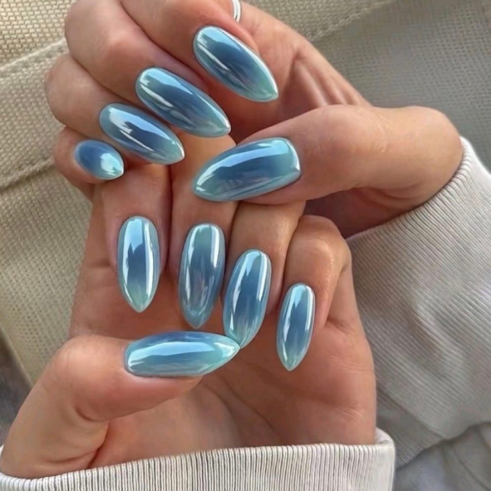 4. Sky Blue Chrome Nails