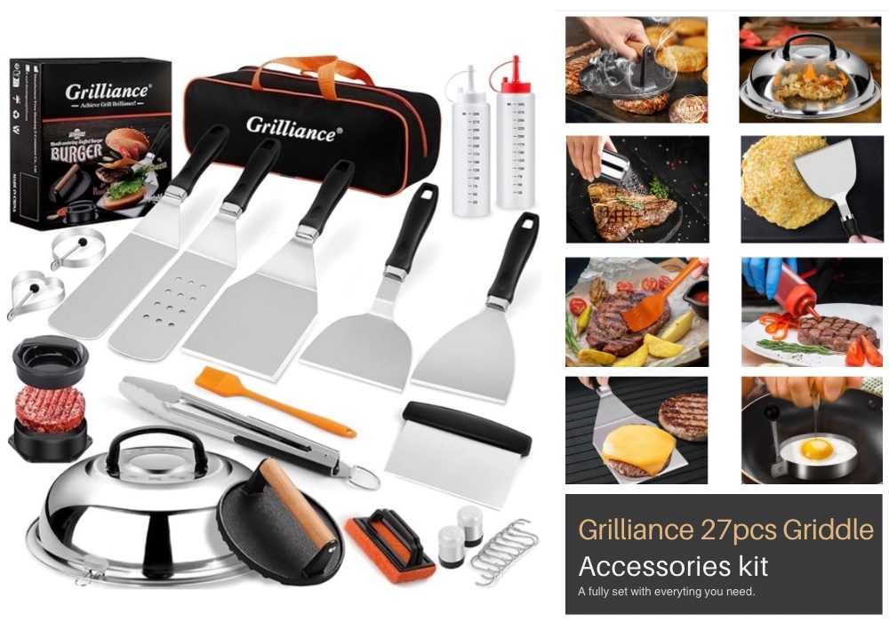 BBQ grill tool set with spatula tongs and accessories for outdoor grilling